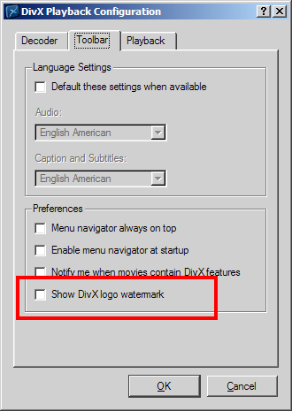 option in divx control panel